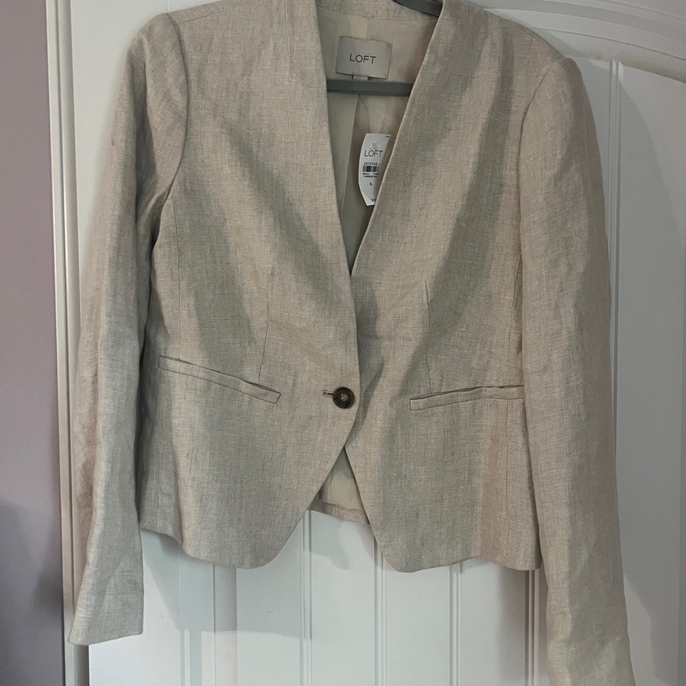 LOFT Tan Cream Linen Blend Tailored One Button Blazer 6